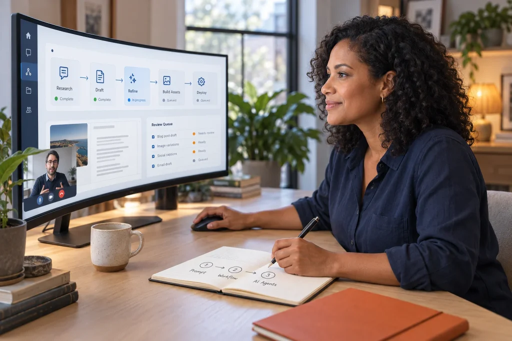 Illustrative learner in a bright home workspace, building an AI workflow on an ultrawide monitor with a live instructor video window and a notebook mapping prompts, workflows and proactive agents.