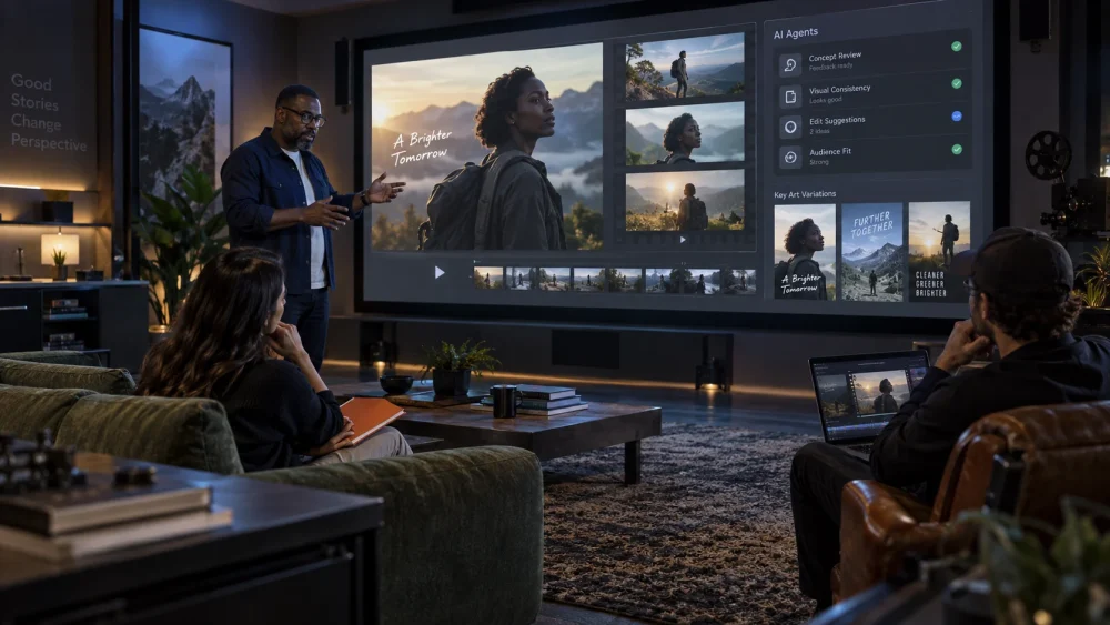 Illustrative Adobe Pro 10-Day AI MasterCourse scene: a creative owner coordinating a team and reviewing a complete AI-assisted project.