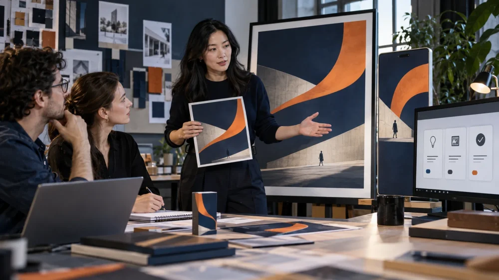 Illustrative Creative Director AI MasterCourse scene: a director reviews a coordinated, finished campaign across formats.