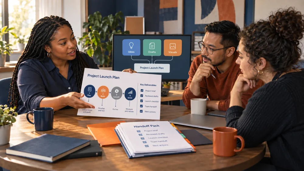 Illustrative Professionals AI MasterCourse scene: a coordinator directs a complete project and reviews its handoff with collaborators.